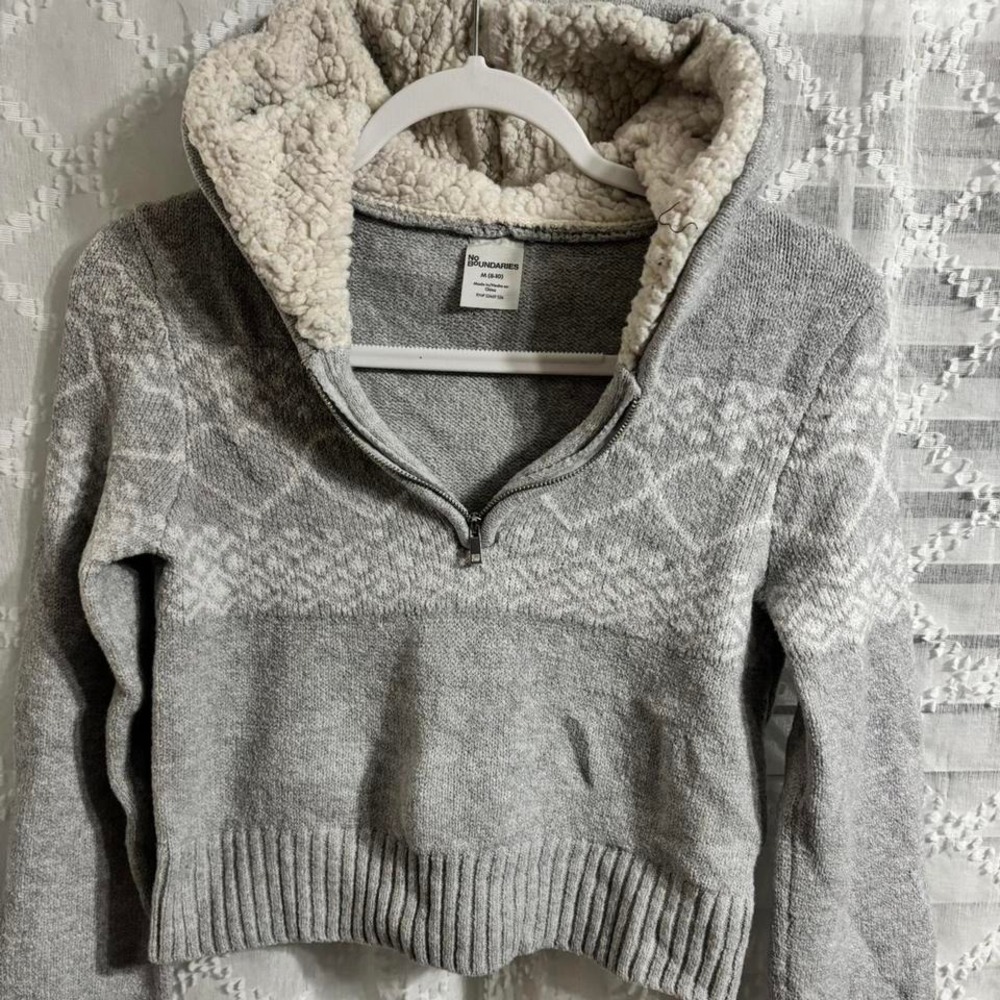 No Boundaries Gray Sherpa Lined Hooded Quarter Zip Sweater Womens M 7-9